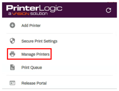 Chromebook extension showing the PrinterLogic expanded options with the Manage Printers option highlighted. 